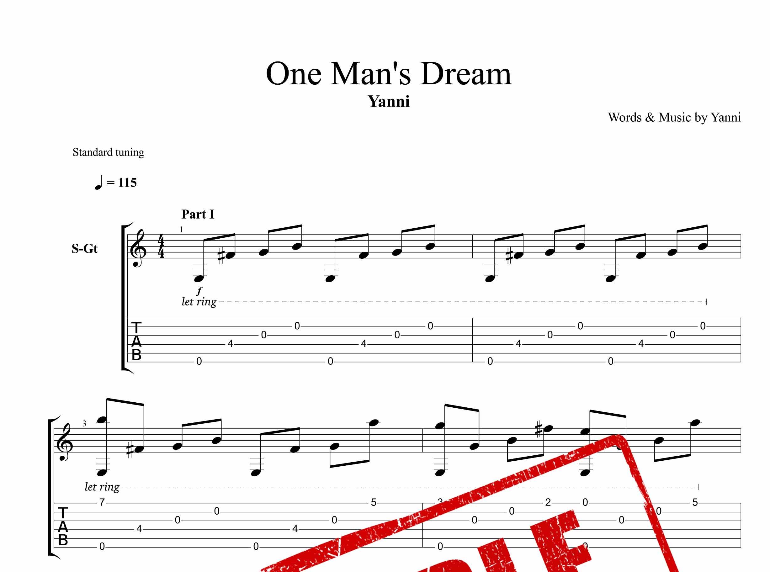 نت و تبلچر آهنگ one man`s dream از یانی برای گیتار