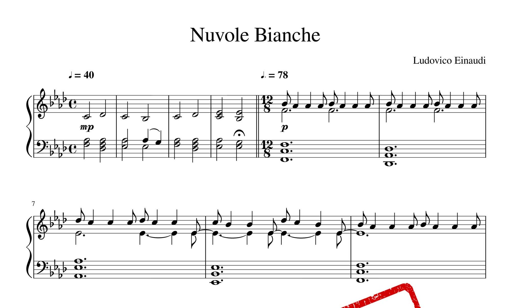 نت پیانوی قطعه Nuvole Bianche