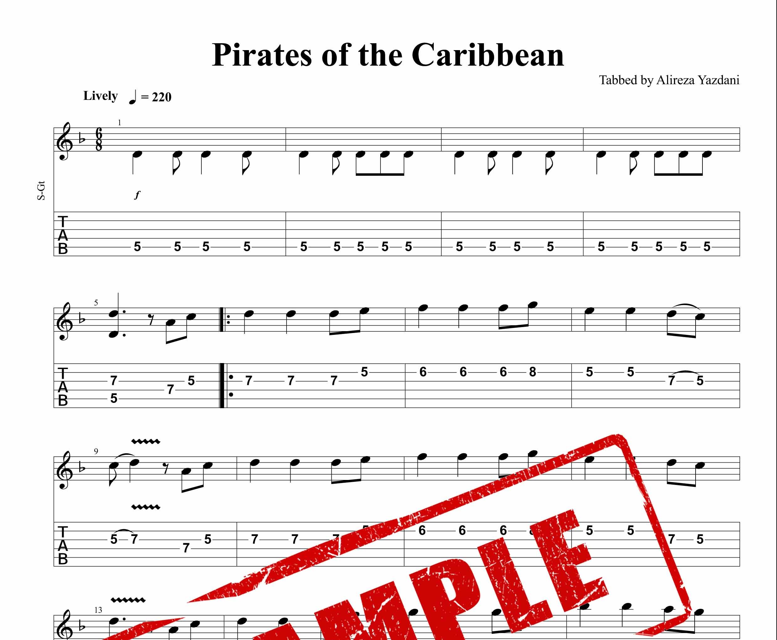 نت و تبلچر آهنگ Pirates of the Caribbean برای گیتار