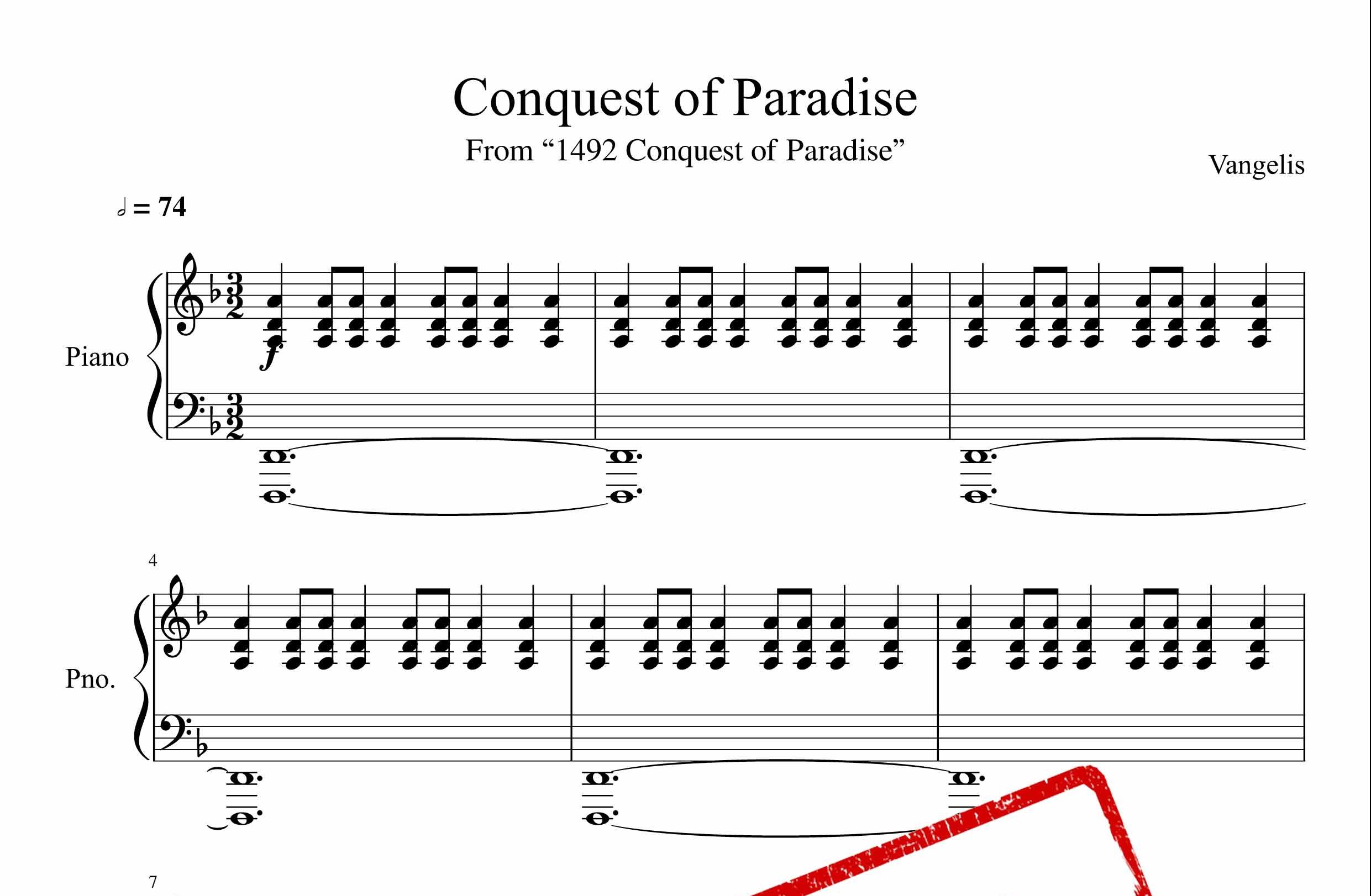 نت پیانوی فتح بهشت ونجلیس Conquest of Paradise 1492