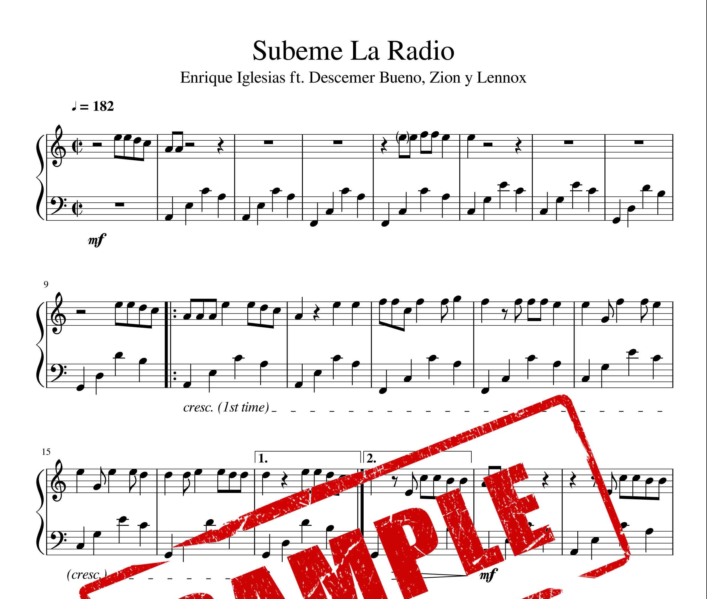 نت آهنگ subeme la radio از انریکه ایگلسیاس Enrique iglesias برای پیانو