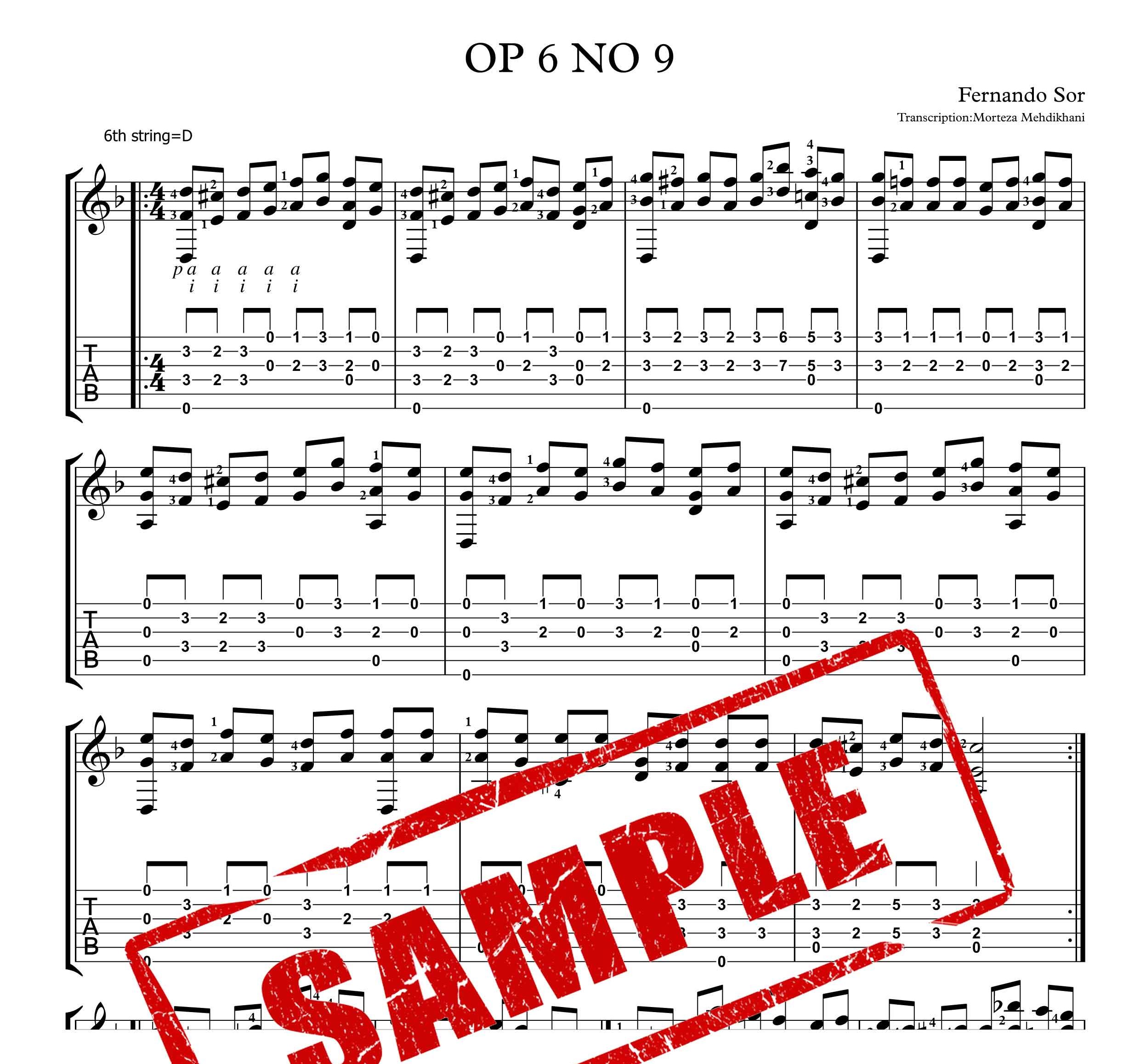 نت و تبلچر Op 6 No 9 یک قطعه کلاسیک برای گیتار
