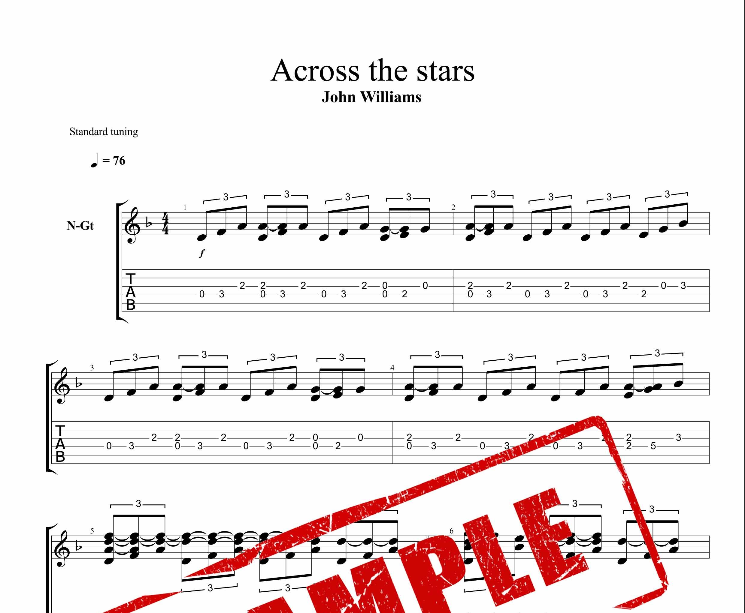 نت و تبلچر قطعه Across the Stars از جان ویلیامز برای گیتار
