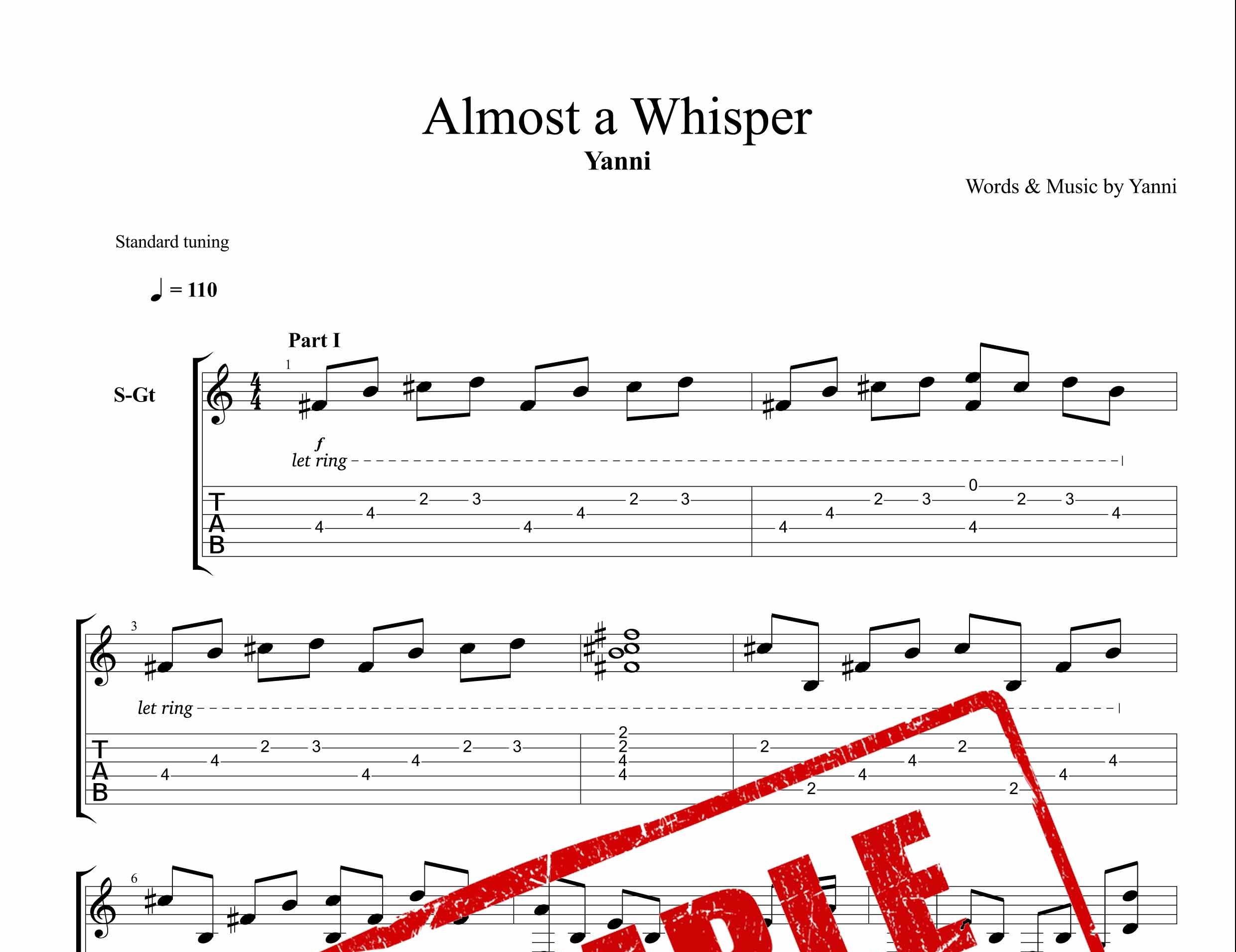 نت و تبلچر قطعه Almost a Whisper از یانی برای گیتار