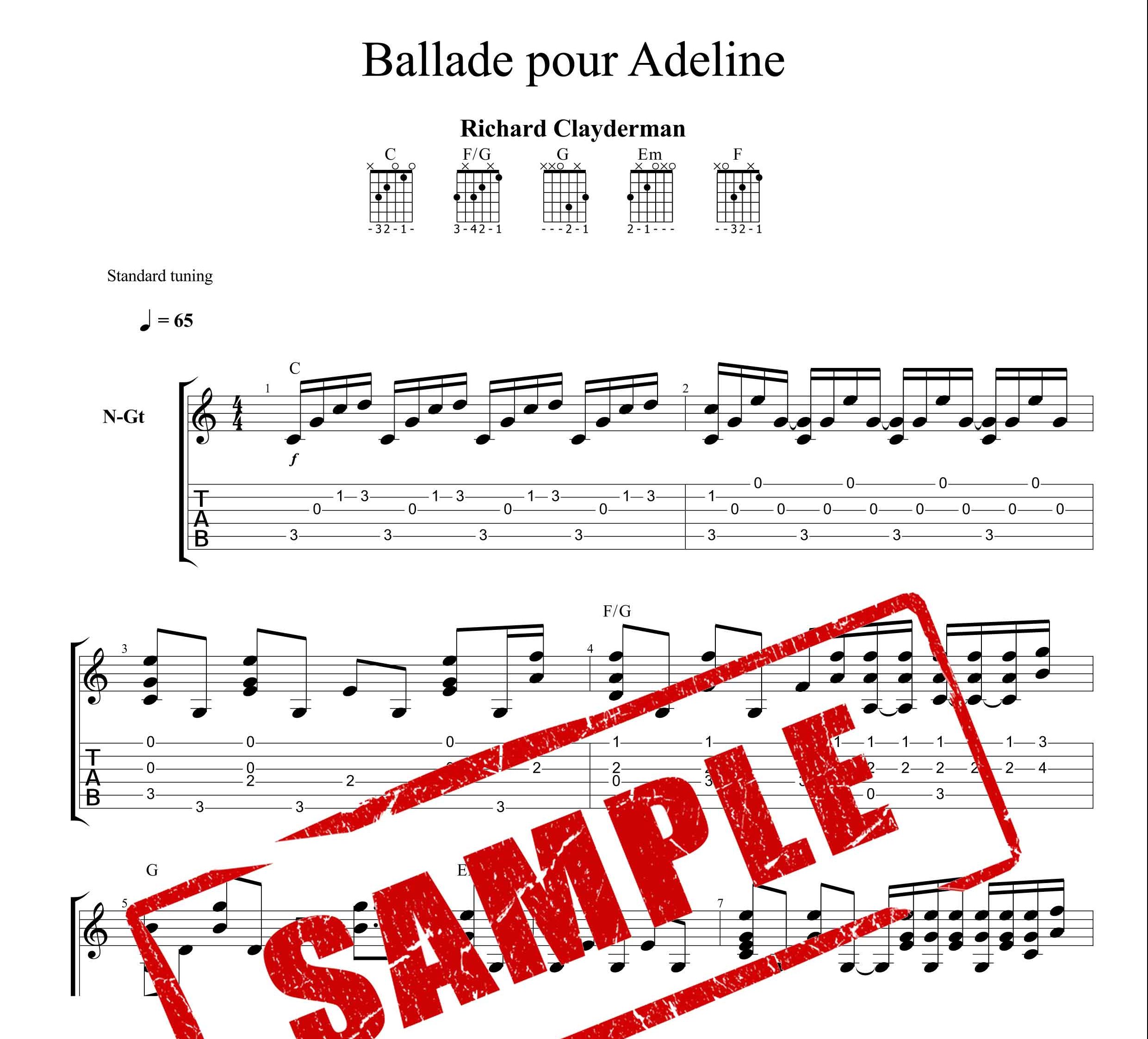 نت و تبلچر قطعه Ballade pour Adeline از ریچارد کلایدرمن برای گیتار