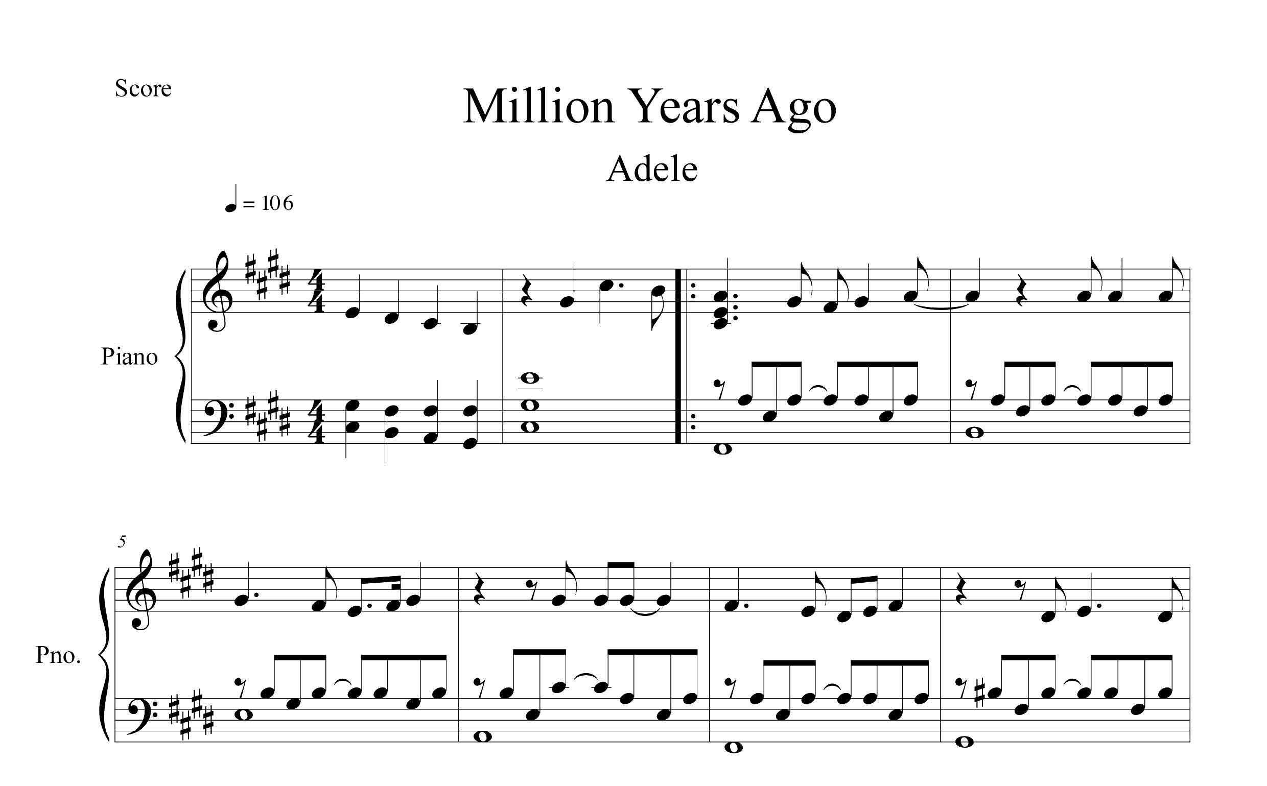 نت پیانو قطعه Million Years Ago از ادل