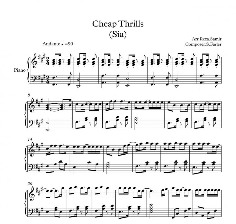 نت پیانو  Cheap Thrills برای نوازندگان متوسط | نت پیانو سیا فارلر