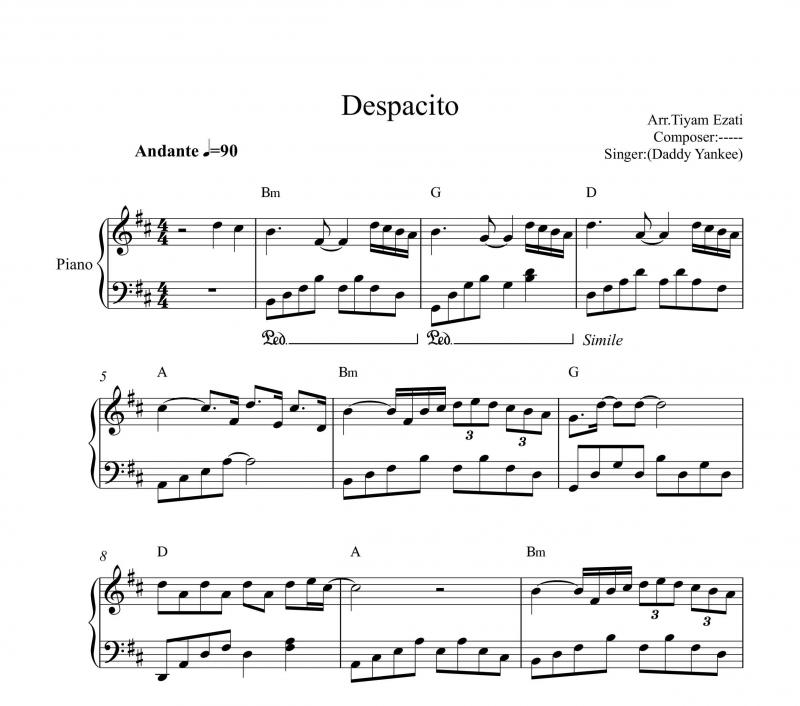 نت پیانو  despacito برای نوازندگان متوسط | نت پیانو لوییس فانسی
