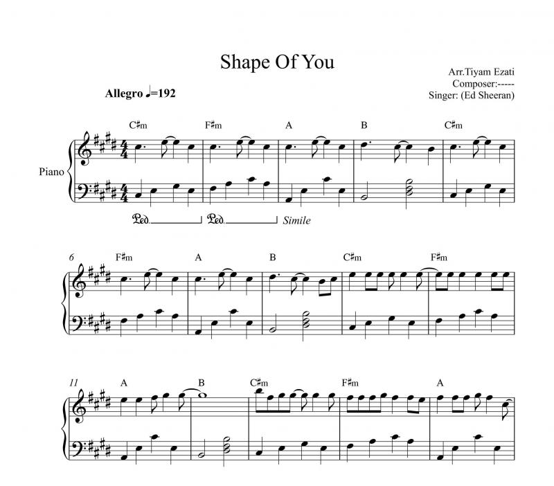 نت پیانو  shape of you برای نوازندگان مبتدی | نت پیانو اد شیرن