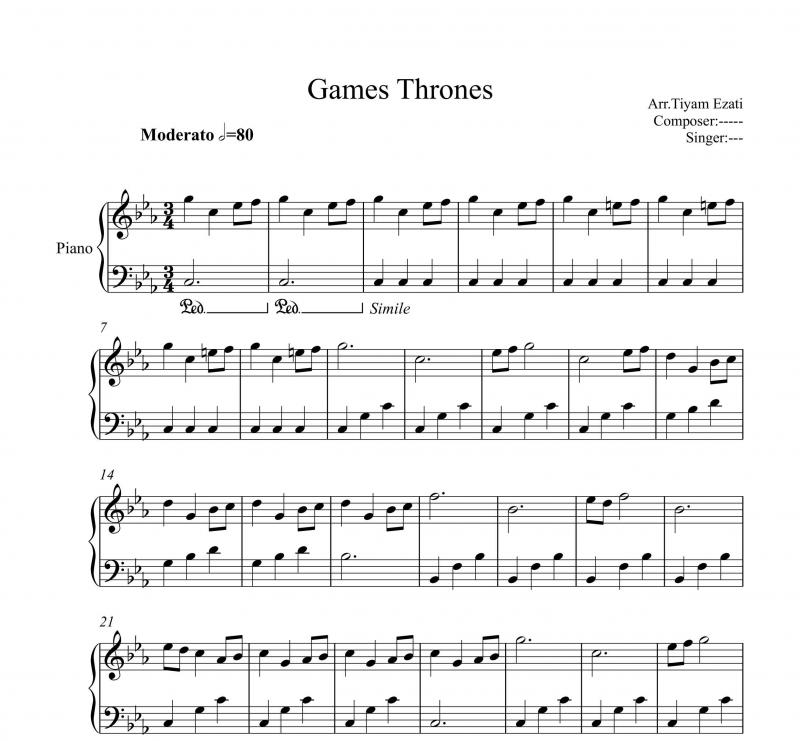 نت پیانو  سریال Game of thrones برای نوازندگان مبتدی | نت پیانو رامین جوادی