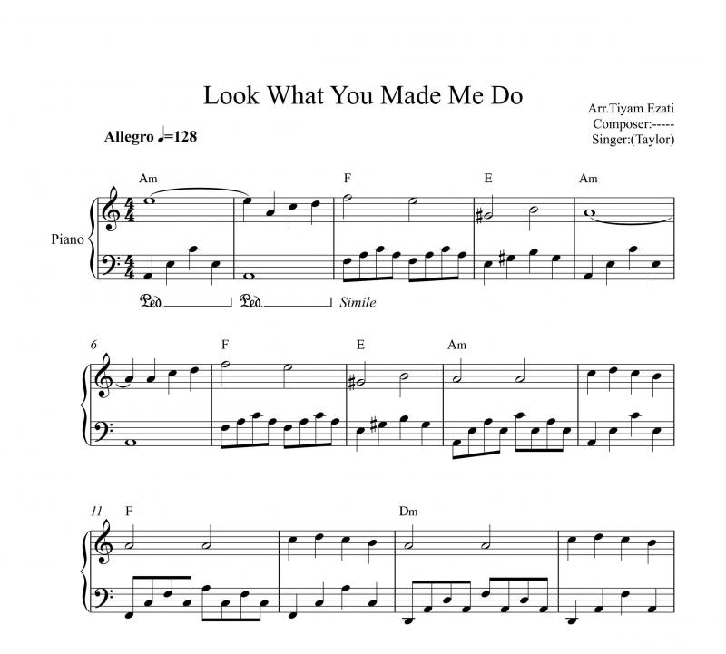نت پیانو  Taylor Swift به نام Look What You Made Me Do برای نوازندگان متوسط | نت پیانو تیلور سوئیفت