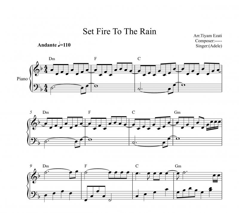 نت پیانو  Set fire to the rain برای نوازندگان متوسط | نت پیانو ادل لوری