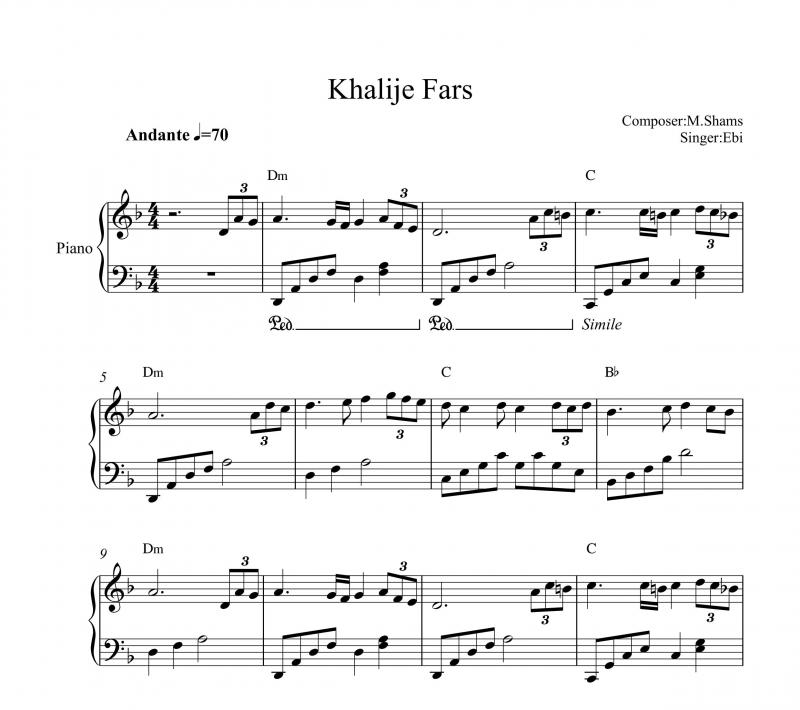 نت پیانو  خلیج فارس از ابی برای نوازندگان متوسط | نت پیانو محمد شمس