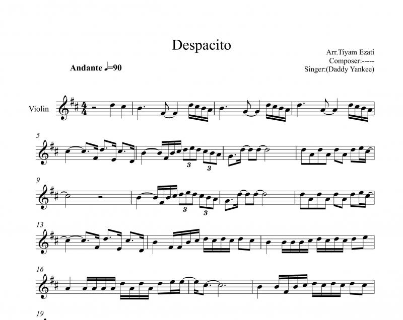 نت ویولن  ویالون اهنگ Despacito برای نوازندگان متوسط | نت ویولن لوییس فانسی