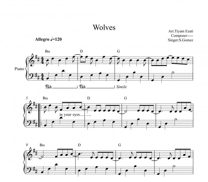 نت پیانو  اهنگ wolves از selena gomez برای نوازندگان متوسط | نت پیانو سلنا گومز