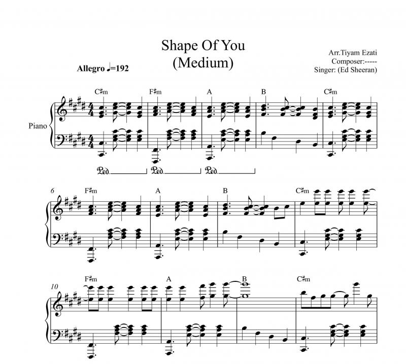 نت پیانو  shape of you اد شیرن ادیت شده توسط برای نوازندگان متوسط | نت پیانو اد شیرن