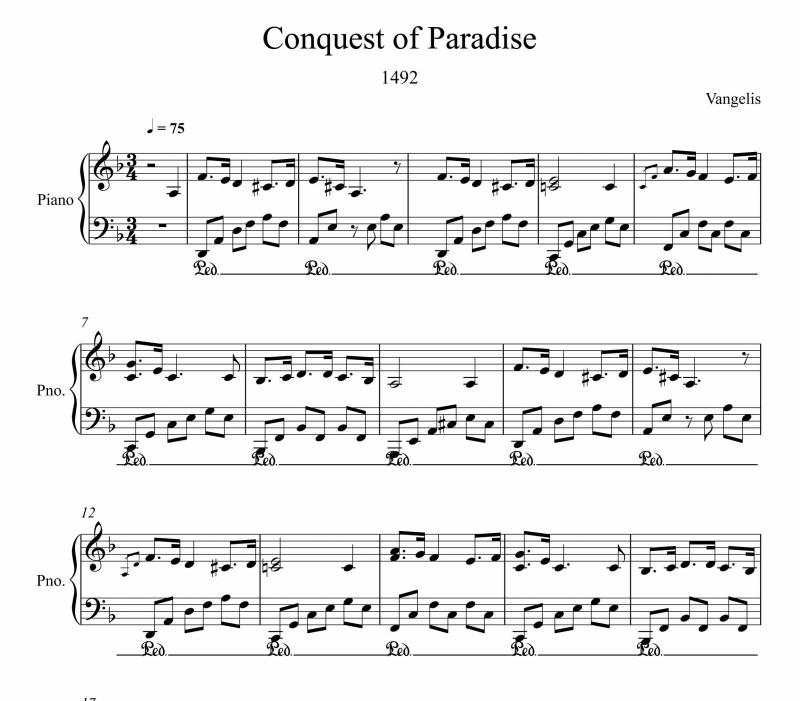 نت پیانو  Conquest of Paradise برای نوازندگان متوسط | نت پیانو اوانگلوس اودیسئاس پاپاتاناسیو