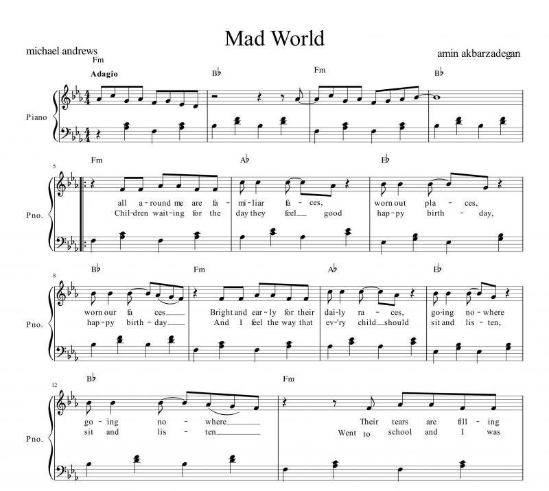 نت پیانو  mad world برای نوازندگان مبتدی | نت پیانو مایکل اندروز