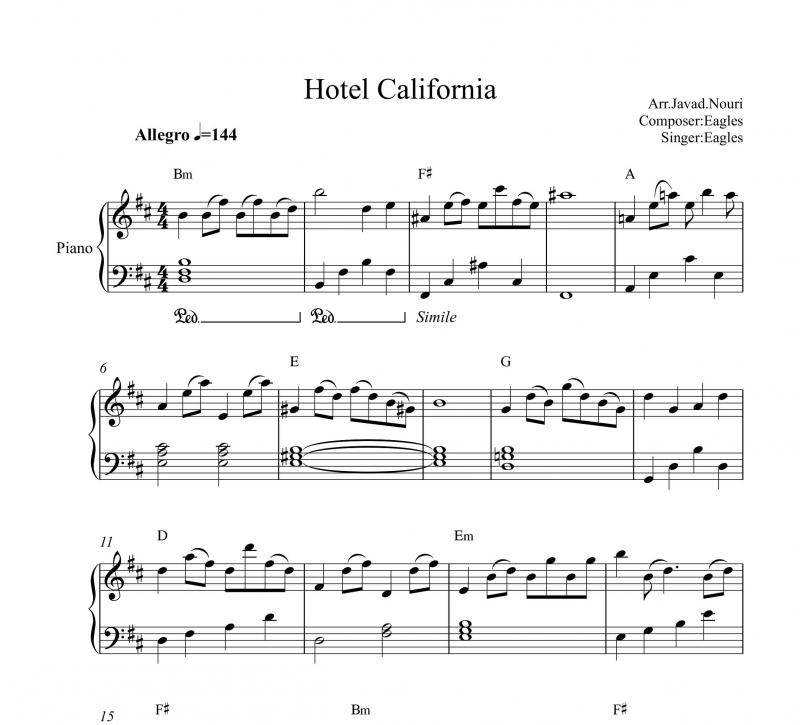 نت پیانو  هتل کالیفرنیا برای نوازندگان متوسط | نت پیانو گروه ایگلز