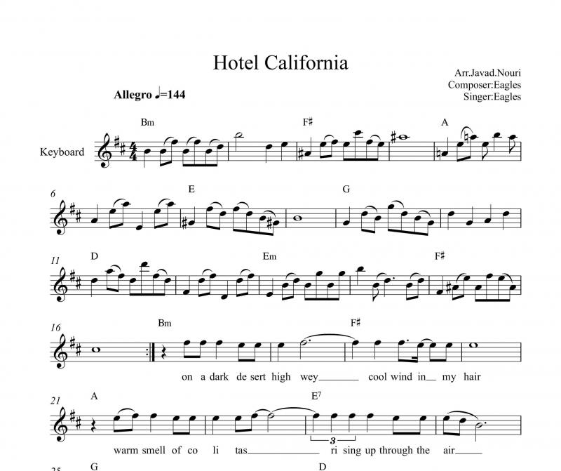 نت کیبورد  هتل کالیفرنیا برای نوازندگان متوسط | نت کیبورد گروه ایگلز