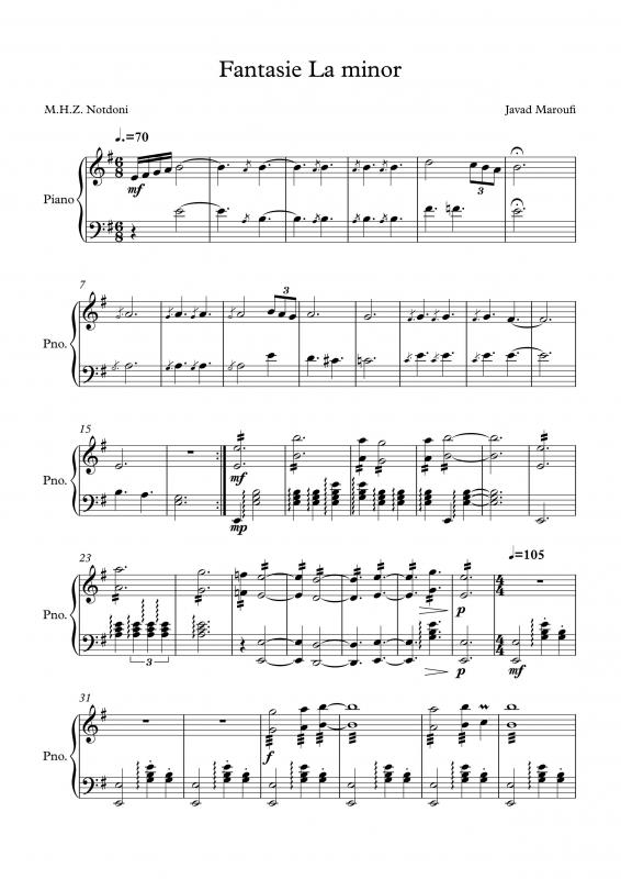 نت پیانو  فانتزی روی تم لا مینور اثر جواد معروفی برای نوازندگان حرفه ای | نت پیانو جواد معروفی