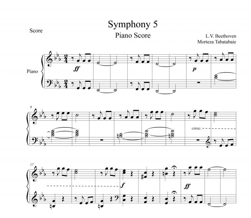 نت پیانو  سمفونی 5 (تم اصلی) ساده شده برای نوازندگان مبتدی | نت پیانو لودویگ فان بتهوون