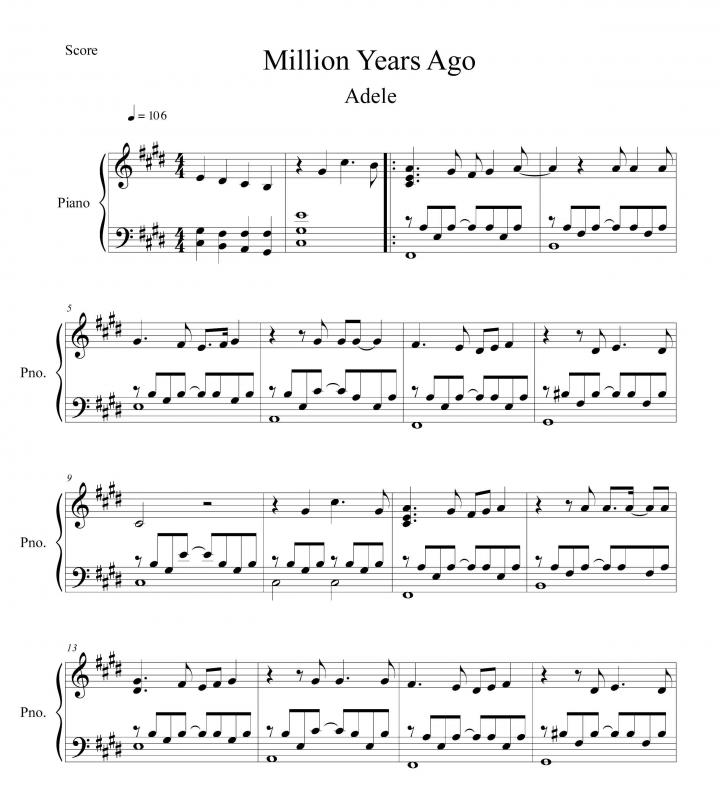 نت پیانو  Million Years Ago از ادل برای نوازندگان متوسط | نت پیانو ادل لوری