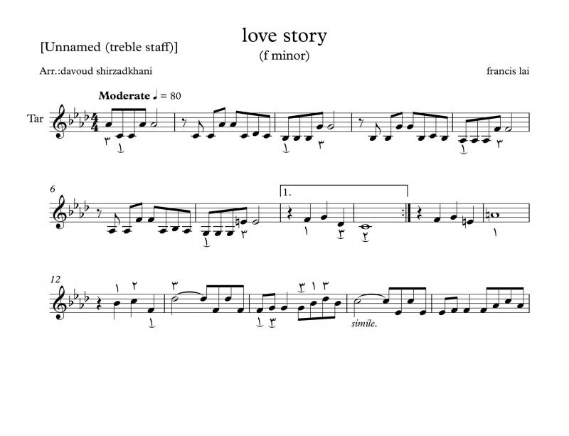 نت تار  love story برای نوازندگان متوسط | نت تار فرانسیس لای