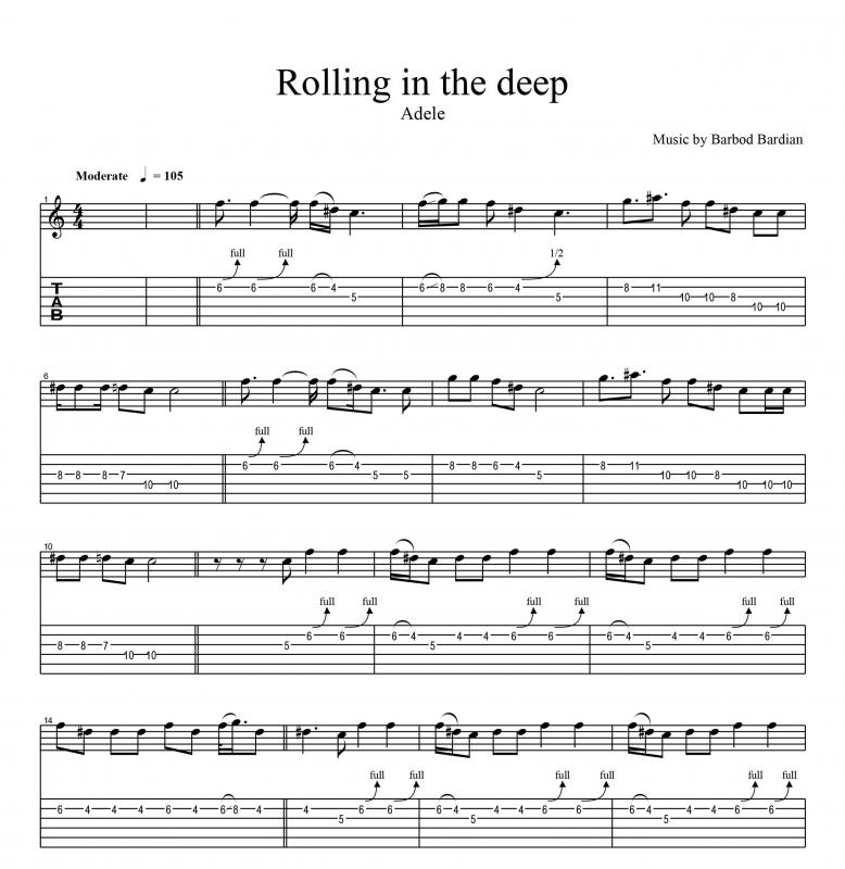 نت گیتار  Rolling in the deep برای نوازندگان متوسط | نت گیتار ادل لوری