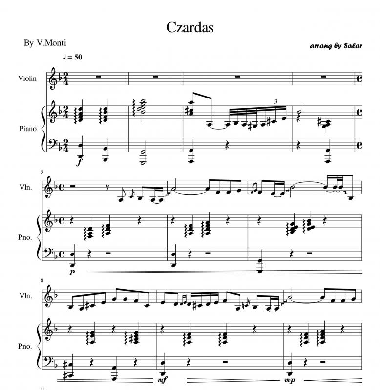 نت ویولن  پیانو و ویولن چارداش (Czardas) برای نوازندگان حرفه ای | نت ویولن ویتوریو مونتی