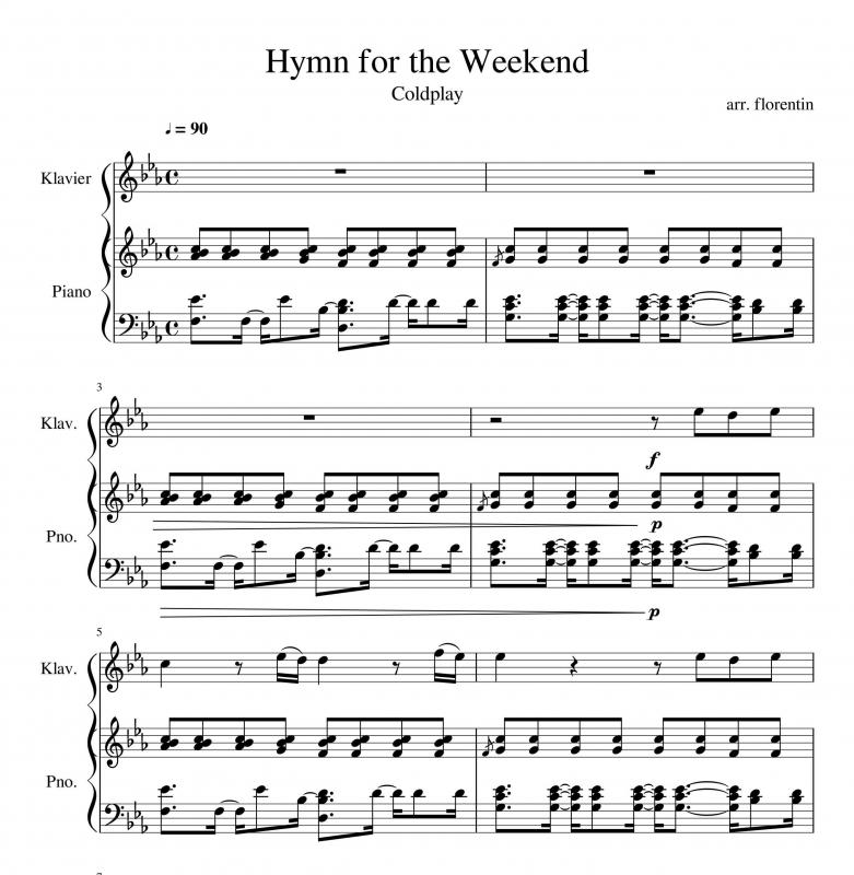 نت پیانو  و ویولن آهنگ hymn for the weekend برای نوازندگان متوسط | نت پیانو گروه کلد پلی