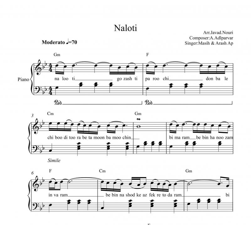 نت پیانو  نالوتی از مسیح و آرش ای پی برای نوازندگان متوسط | نت پیانو آرش عدل پرور