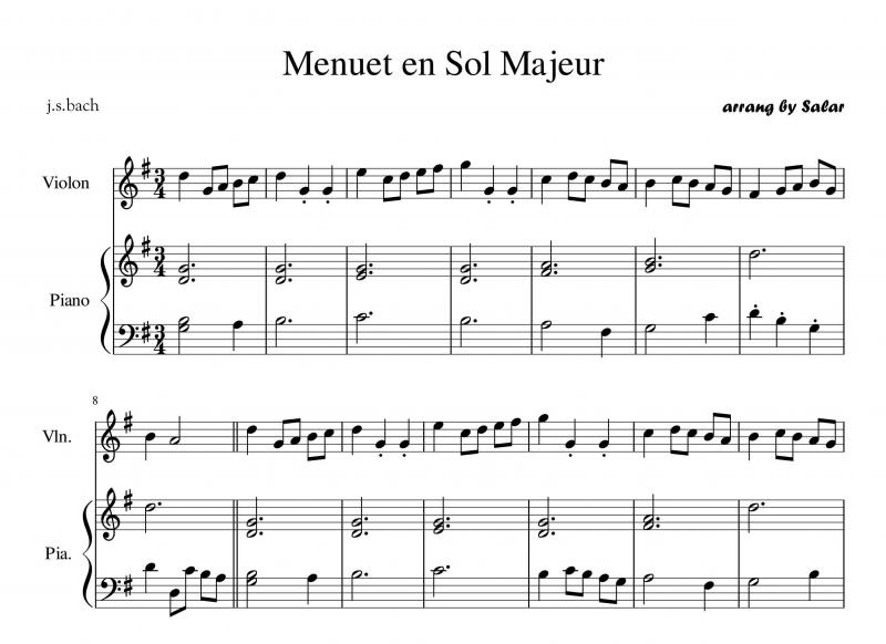 نت ویولن  menuet 3  برای  ویولن و پیانو برای نوازندگان مبتدی | نت ویولن یوهان سباستیان باخ