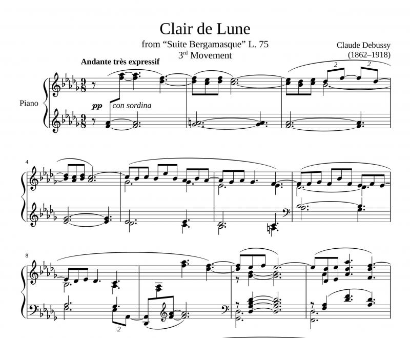 نت پیانو  Clair de Lune از Claude Debussy برای نوازندگان حرفه ای | نت پیانو کلود دبوسی