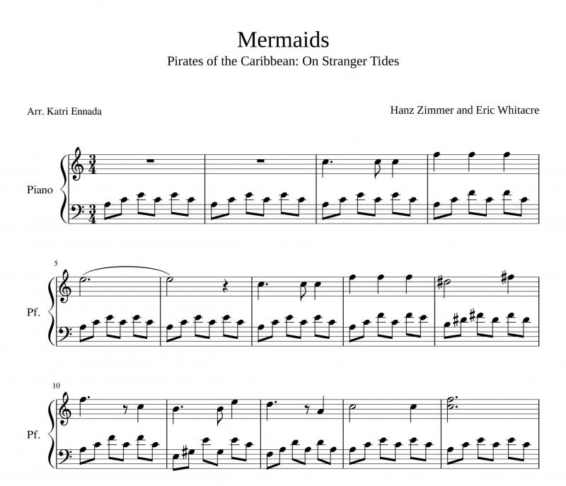 نت پیانو  Mermaids اثر هانس زیمر برای نوازندگان متوسط | نت پیانو هانس زیمر
