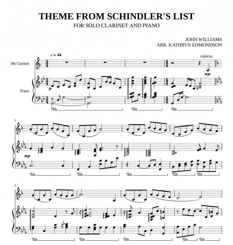 نت پیانو  فهرست شیندلر Schindlers List برای دونوازی  و کلارینت برای نوازندگان متوسط | نت پیانو جان ویلیامز