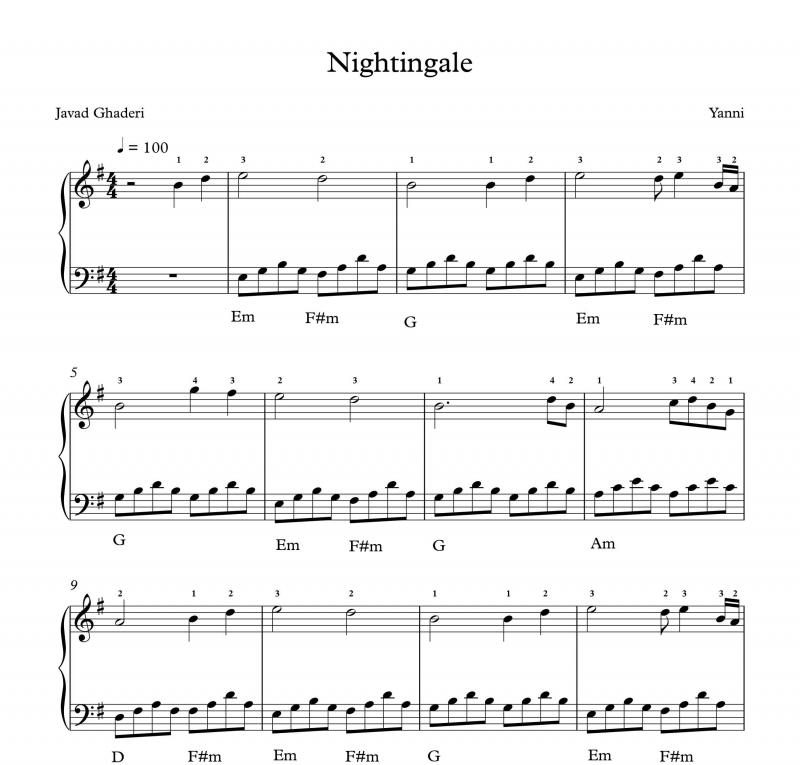 نت پیانو  ساده Nightingale از یانی همراه با انگشت گذاری برای نوازندگان مبتدی | نت پیانو یانیس کریسومالیس