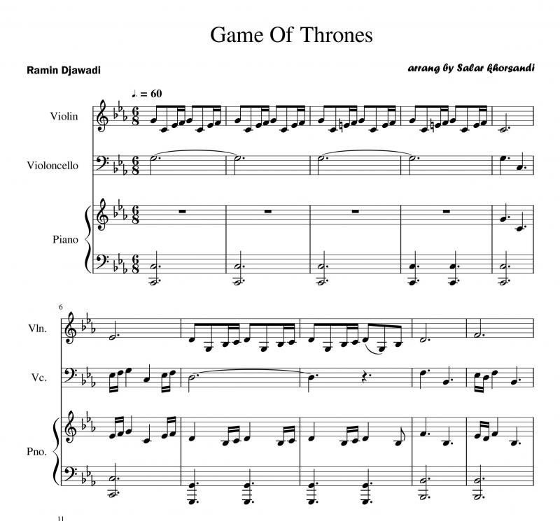 نت ویولن  تریوی Game Of Thrones  ویولن و ویولنسل برای نوازندگان متوسط | نت ویولن رامین جوادی