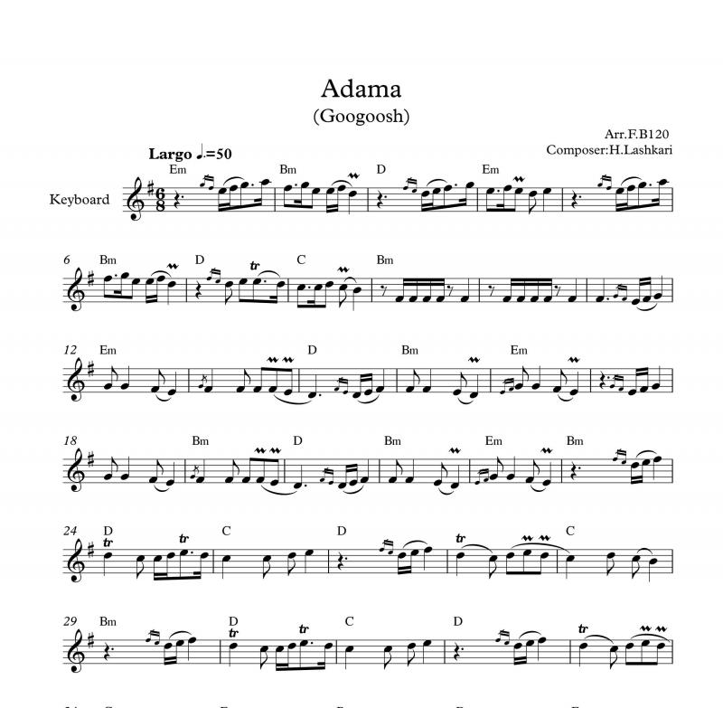 نت کیبورد  آهنگ آدما به برای نوازندگان متوسط | نت کیبورد حسن لشگری