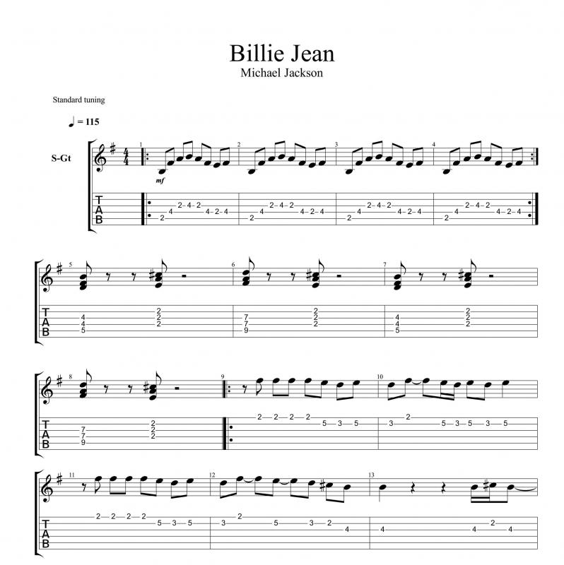 نت گیتار  آهنگ Billie Jean برای نوازندگان متوسط | نت گیتار مایکل جکسون