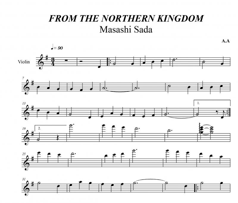 نت ویولن  سریال از سرزمین های شمالی برای نوازندگان متوسط | نت ویولن ماساشی سادا