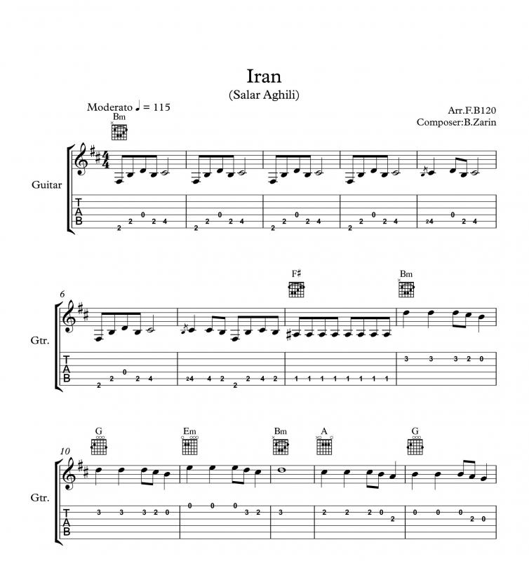 نت گیتار  آهنگ ایران از سالار عقیلی  به برای نوازندگان متوسط | نت گیتار بابک زرین
