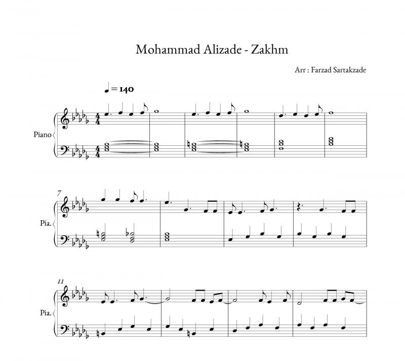 نت پیانو  زخم از محمد علیزاده برای نوازندگان متوسط | نت پیانو میلاد ترابی