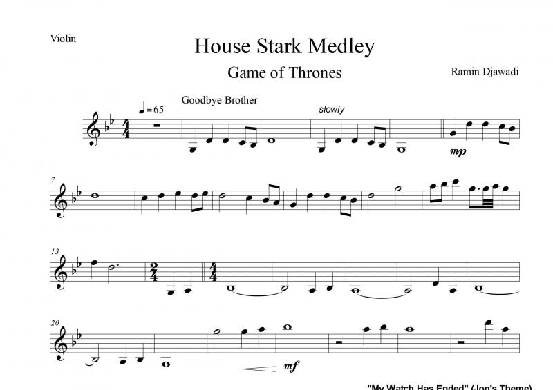 نت ویولن  House Stark Medley از سریال game of thrones برای نوازندگان متوسط | نت ویولن رامین جوادی