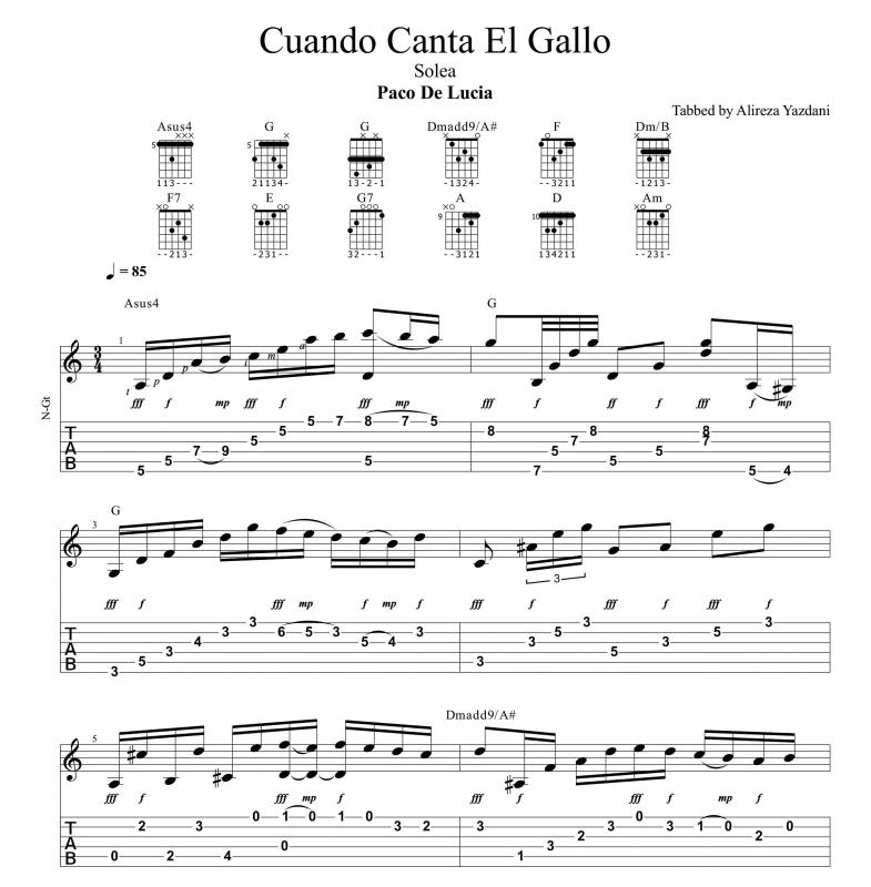 نت گیتار  آهنگ  Cuando Canta El Gallo از پاکو د لوسیا برای نوازندگان حرفه ای | نت گیتار فرانسیسکو سانچز گومز