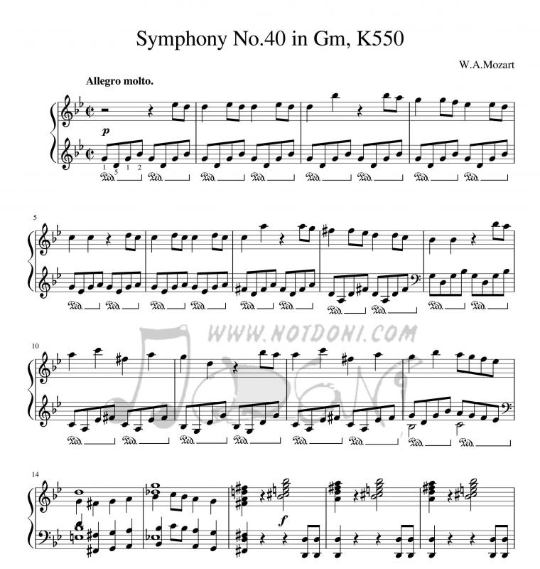 نت پیانو  سمفونی شماره 40 موتسارت برای نوازندگان متوسط | نت پیانو ولفگانگ آمادئوس موتسارت
