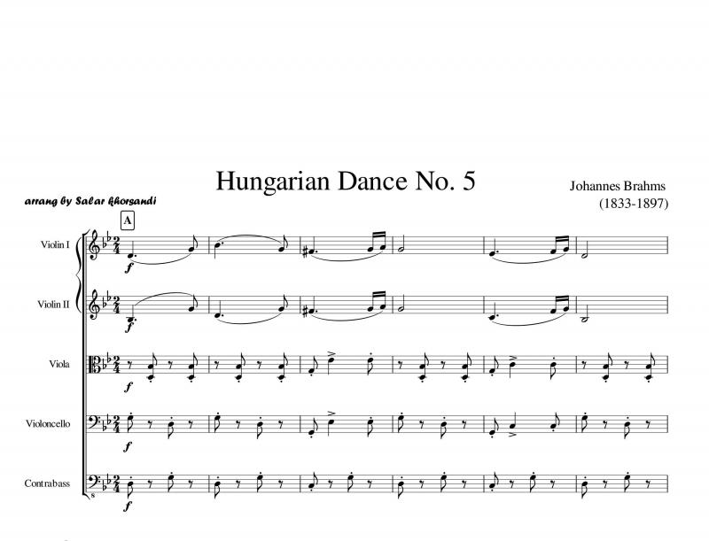 نت ویولن  رقص مجار (Hungarian Dance No 5) برای کوارتت زهی برای نوازندگان متوسط | نت ویولن یوهانس برامس