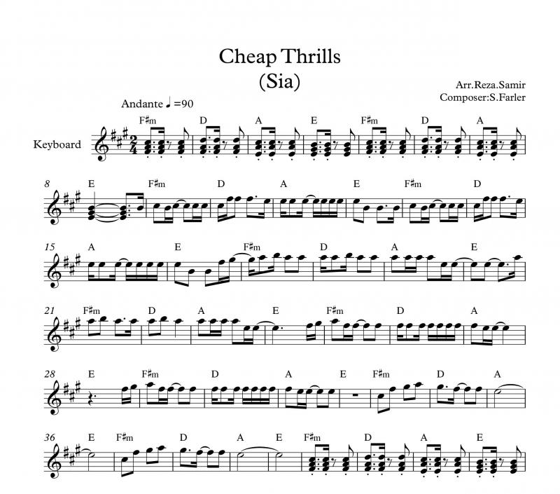 نت کیبورد  آهنگ Cheap Thrills به برای نوازندگان متوسط | نت کیبورد سیا فارلر