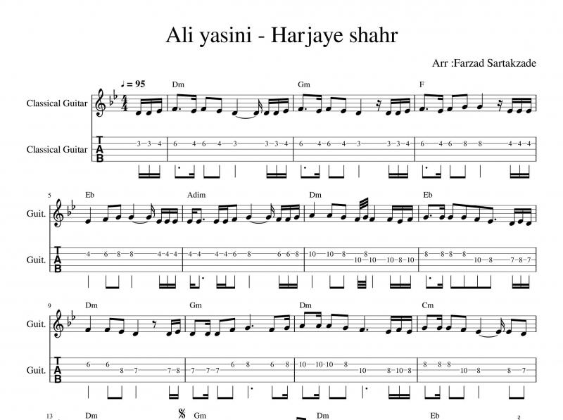 نت گیتار  آهنگ هرجای شهر علی یاسینی به برای نوازندگان مبتدی | نت گیتار علی یاسینی