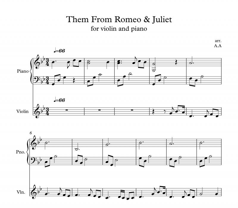 نت ویولن  رومؤ و ژولیت  و پیانو برای نوازندگان متوسط | نت ویولن نینو روتا